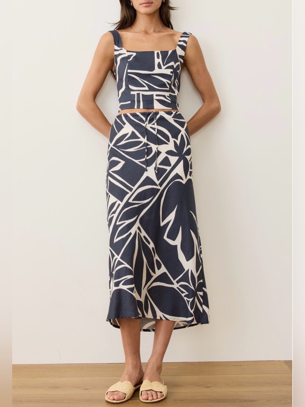 Marine Layer Avery Hemp Midi Skirt XL Midnight Mosaic Charcoal Ivory Drawstring